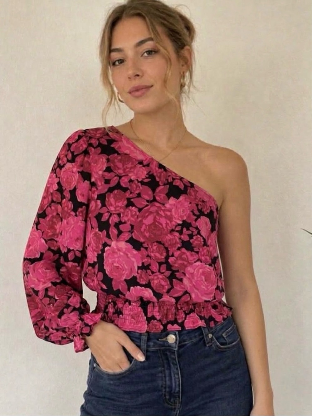 Lush One Shoulder Long Sleeve Pink Black Floral Satin Top NWT M Romantic